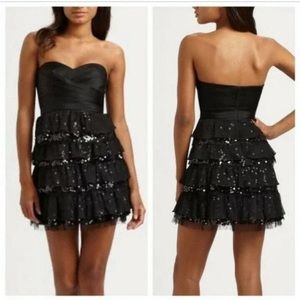 NWT BCBGMaxaria Black Tiered Dress Sequins Ruffles Boning Strapless Size 04